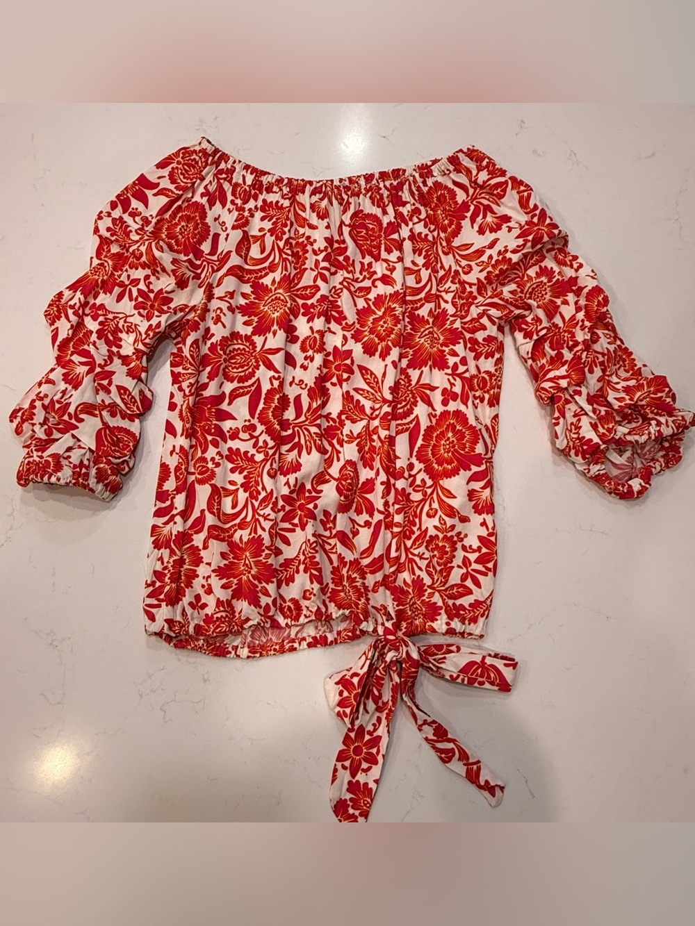 EUC – Cece Off Shoulder Tie Front Ruche Sleeve Blouse – Medium